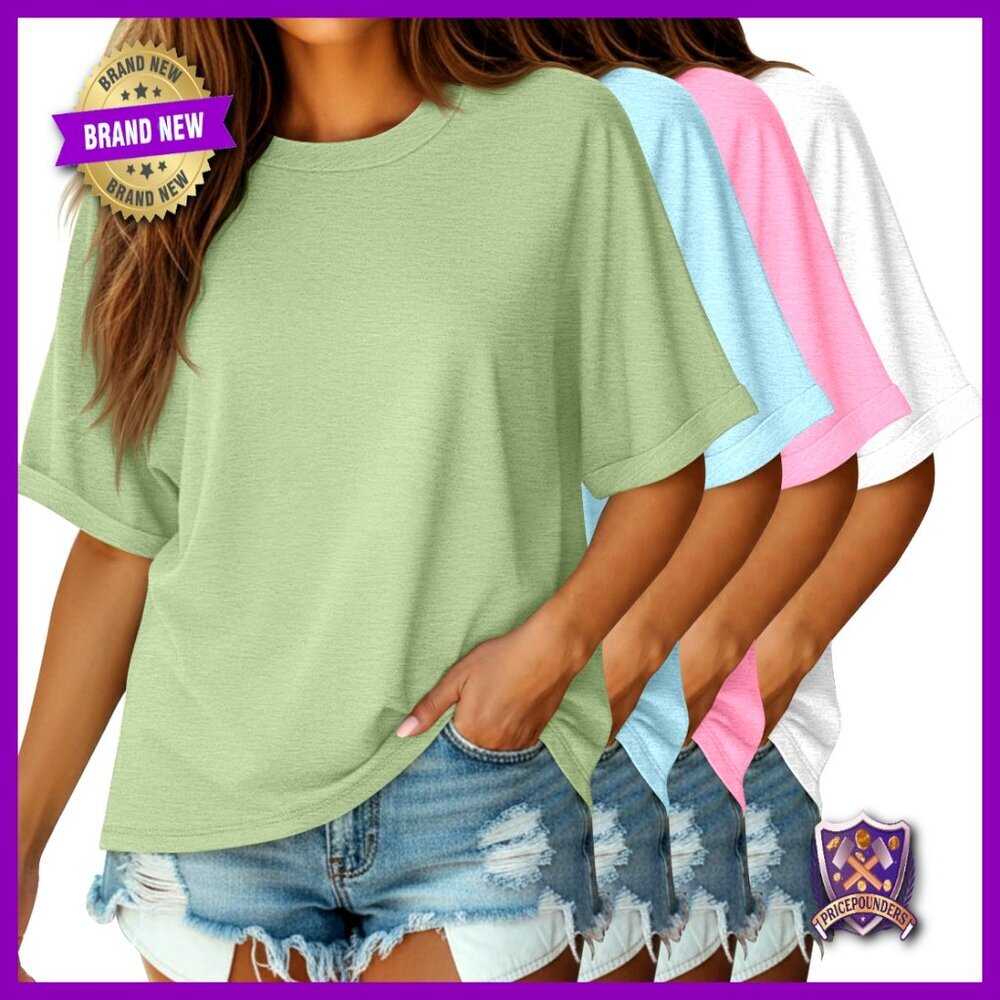 4 Pack Oversized Cotton T-Shirts, Loose Fit Crew Neck Short Sleeve Tops